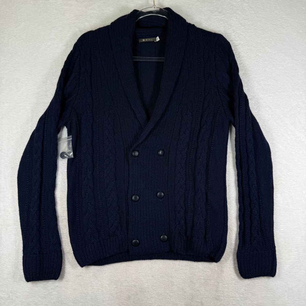 SOL Navy Blue 100% Baby Alpaca Cable Knit Double Breasted Shawl Cardigan Small